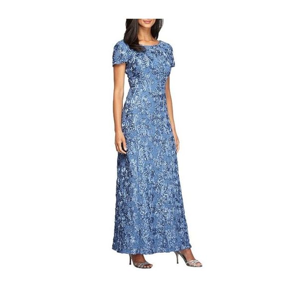 ALEX EVENINGS Womens Blue Short Sleeve Jewel Neck Maxi Formal Sheath Dress 16 - Picture 1 of 3